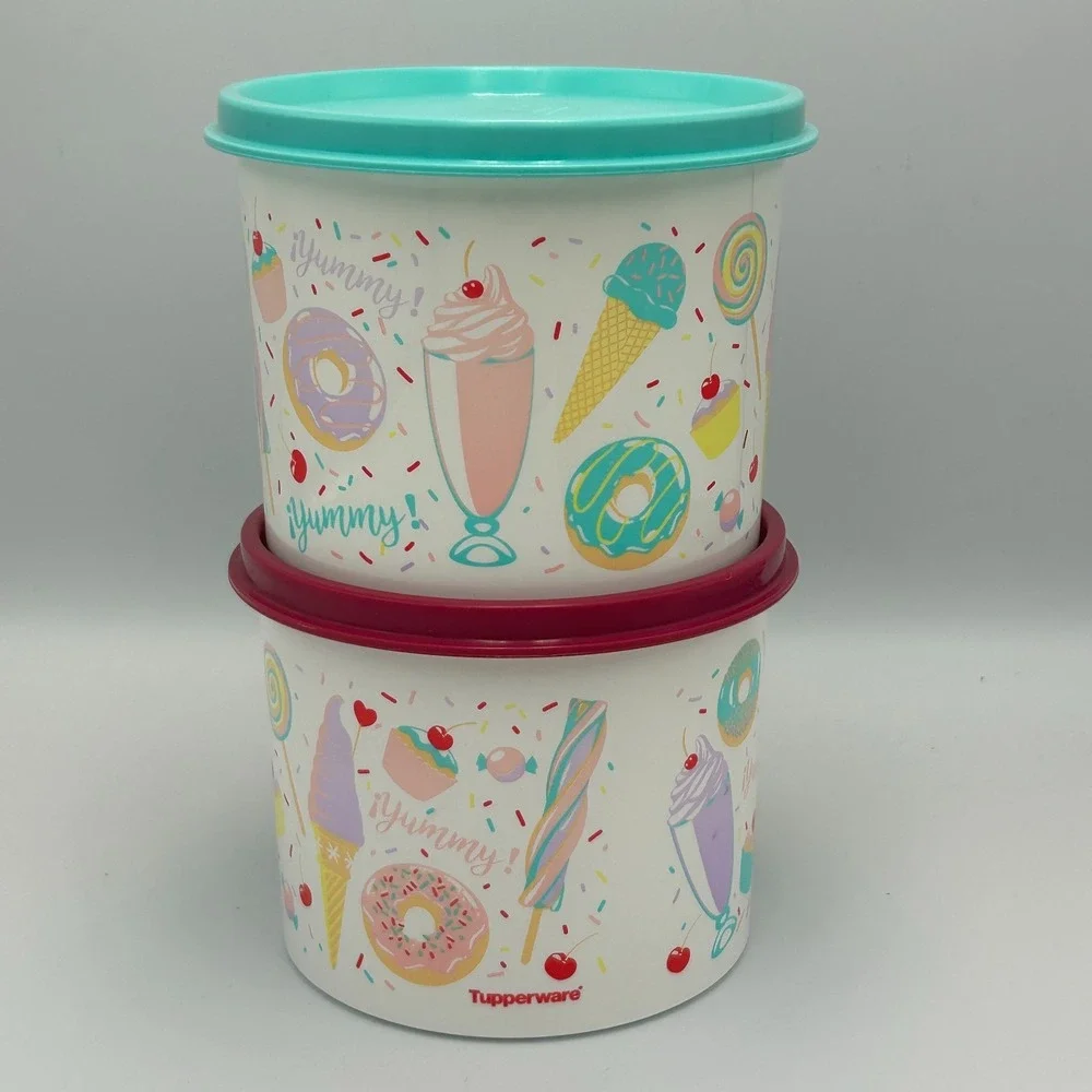 Tupperware Sweet Treats 2 Piece Set Stacking Lids Canisters Ice Cream Candy Teal